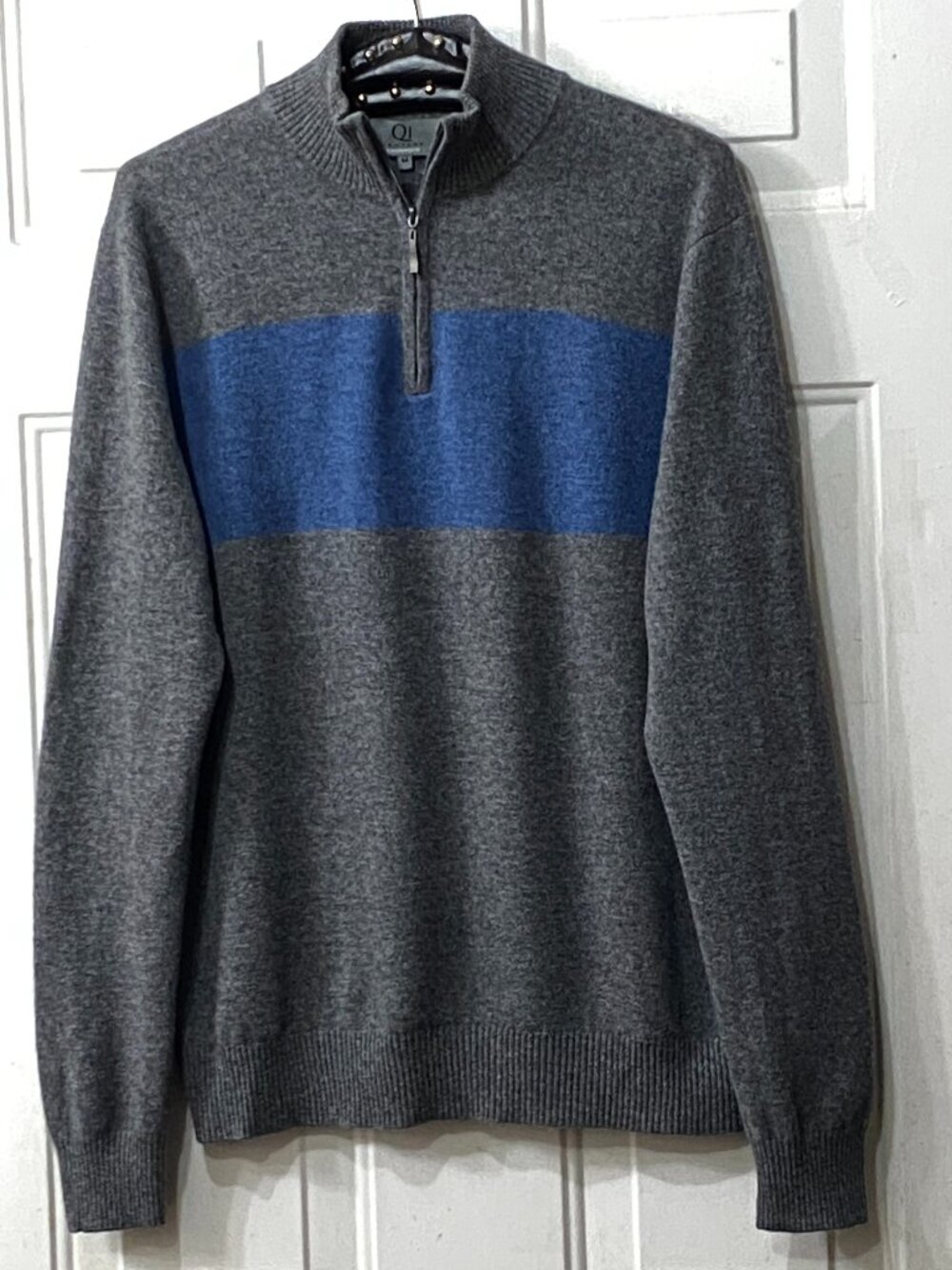 Qi Cashmere Sz M Mens 1/4 Zip Sweater Gray & Blue Stripe